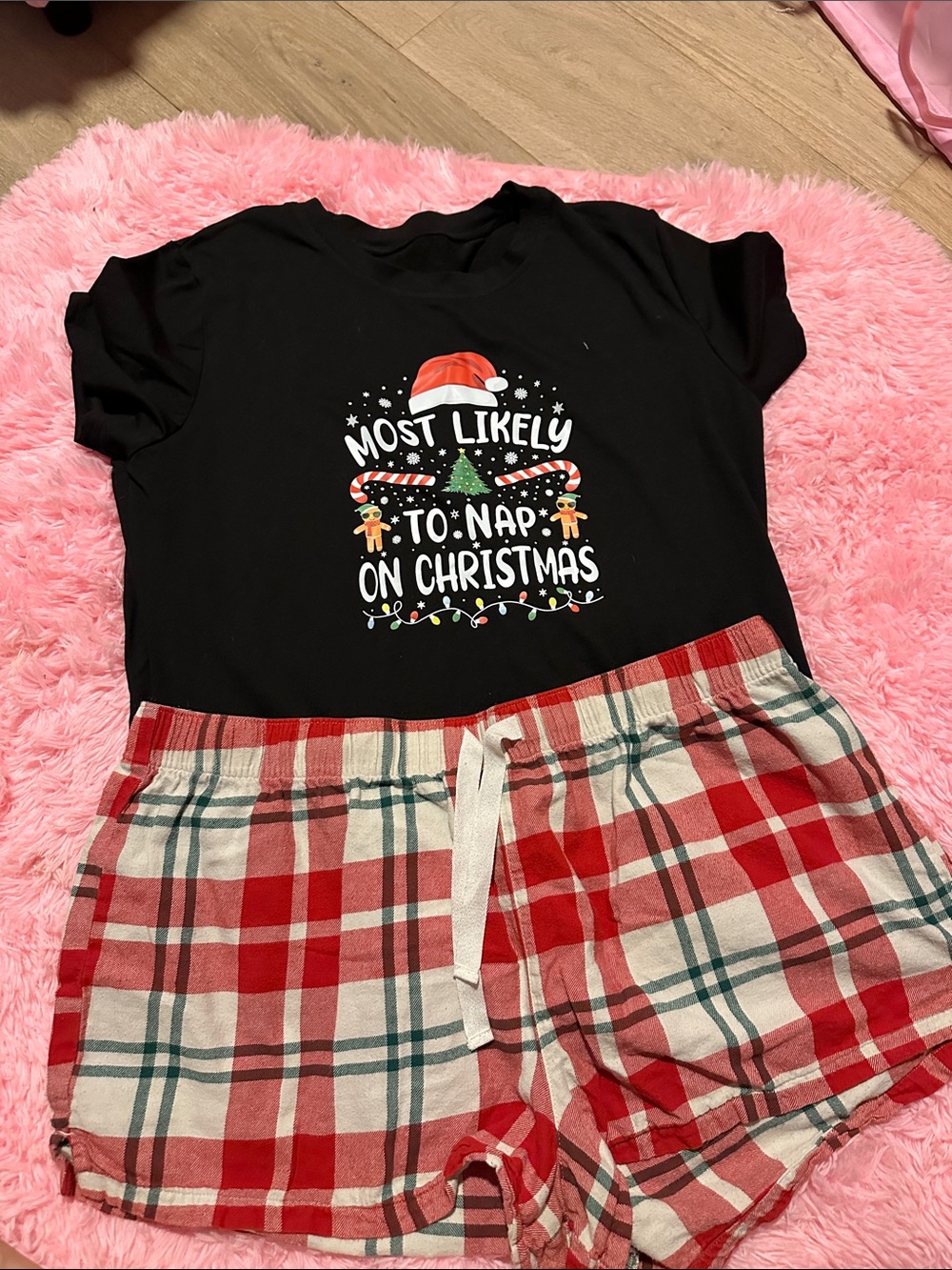 Old Navy Black Graphic Top with Red Plaid Shorts Pajama Set